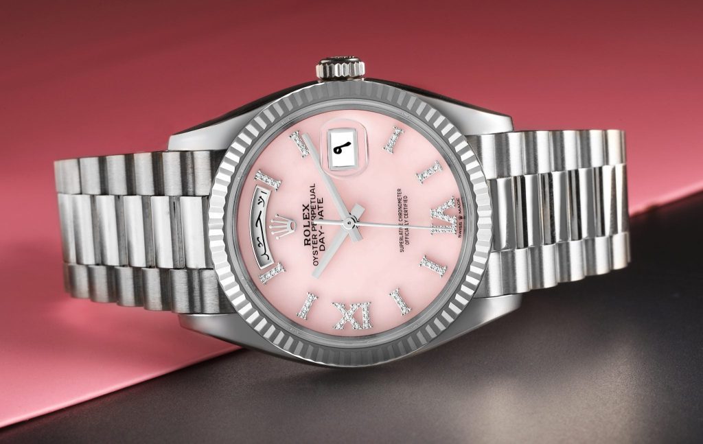 Rolex President Day Date White Gold Pink Opal Diamond Dial Watch 128239 2048x1293 1