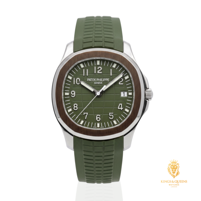 Patek Philippe Aquanaut 5168G-010 in white gold with a khaki green dial, the Nautilus&rsquo;s more casual sibling